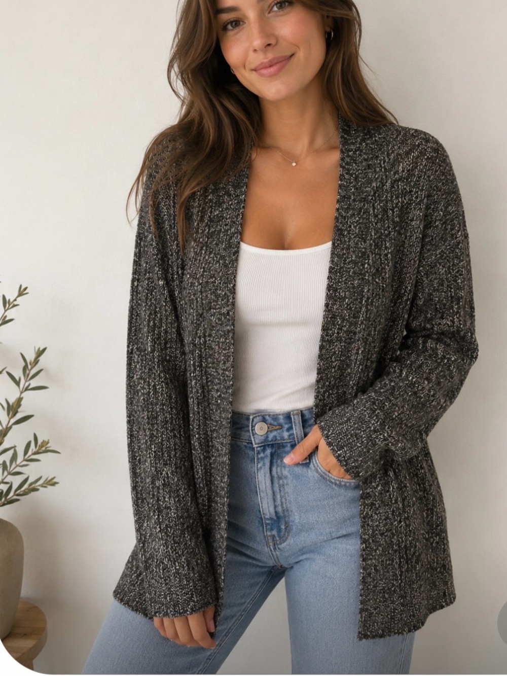 Eileen Fisher Black Multi Color Open-Front Knit Cardigan Size Medium